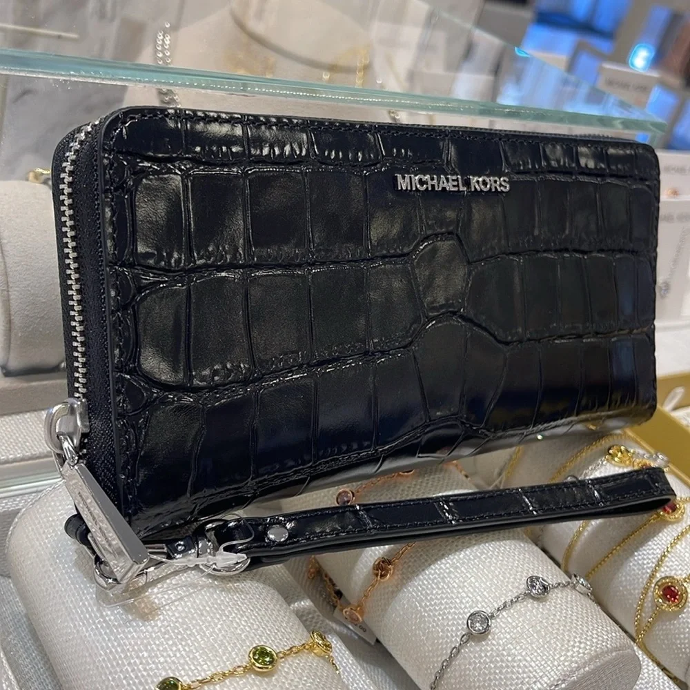 Michael Kors JtSet Travel Metallic Crocodile Embossed Leather Continental Wallet